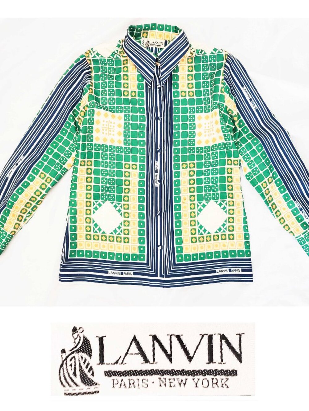LANVIN Paris Women's Vintage 70s Logo Geo Printed Blouse Shirt